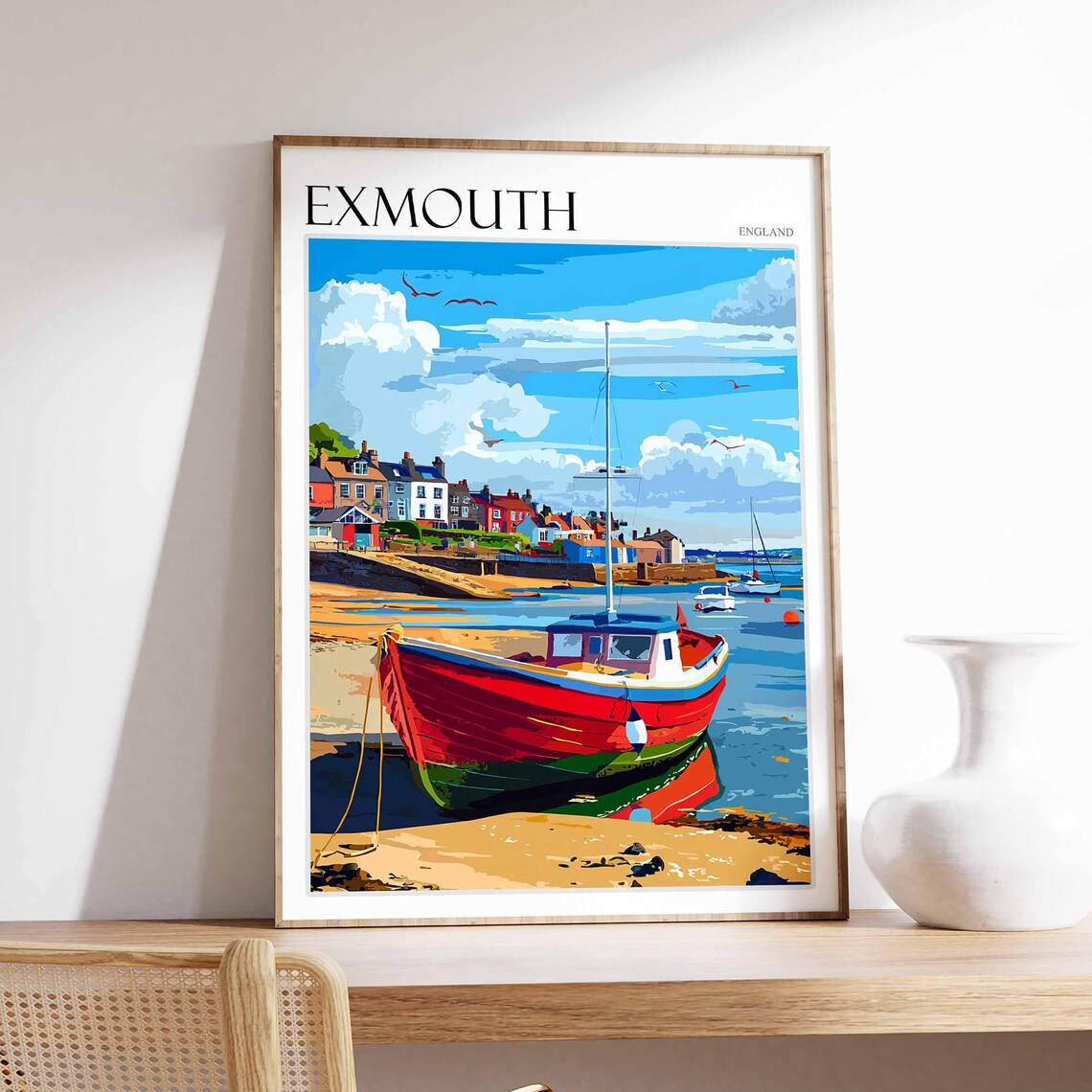 Exmouth England Red Fishing Boat Harbor Town Coastal Art Poster