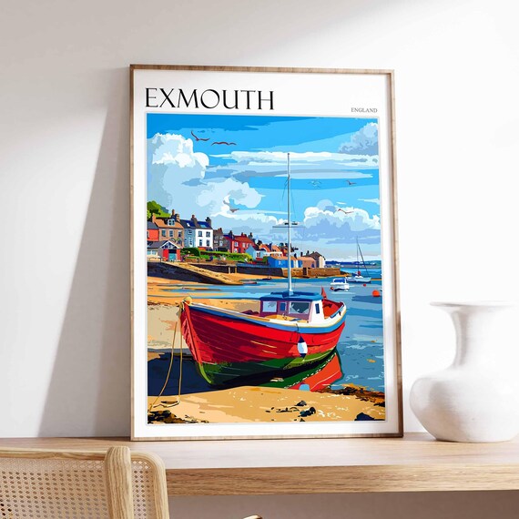 Exmouth England Red Fishing Boat Harbor Town Coastal Art Poster