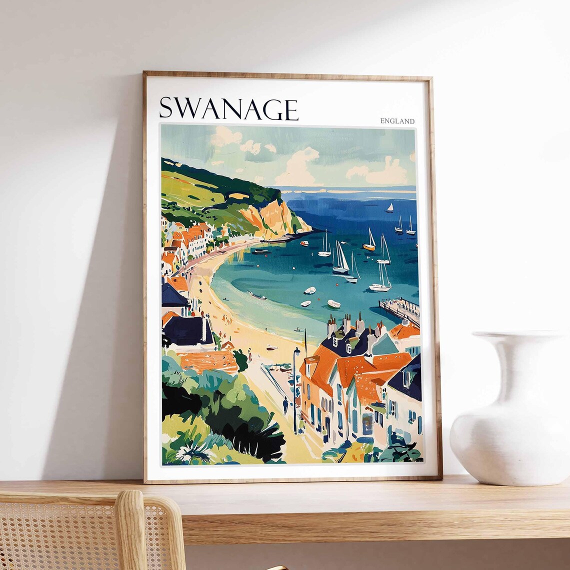 Swanage England Bay Cliffs Sailboats Vintage Style Travel Poster