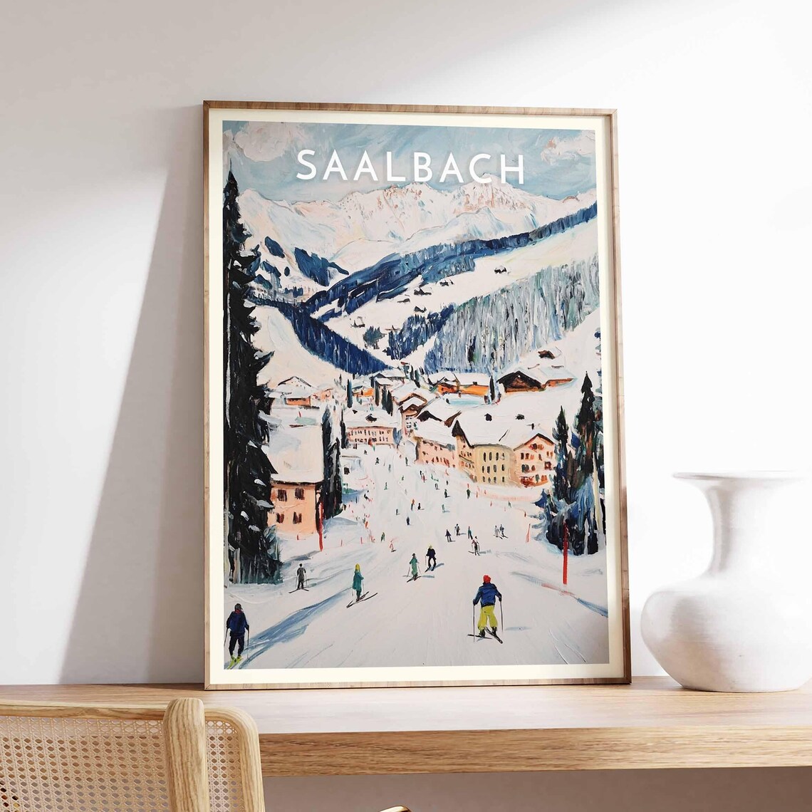 Saalbach Skiers Watercolor Downhill Alpine Piste Scene Poster