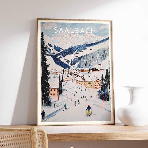 Saalbach Skiers Watercolor Downhill Alpine Piste Scene Poster