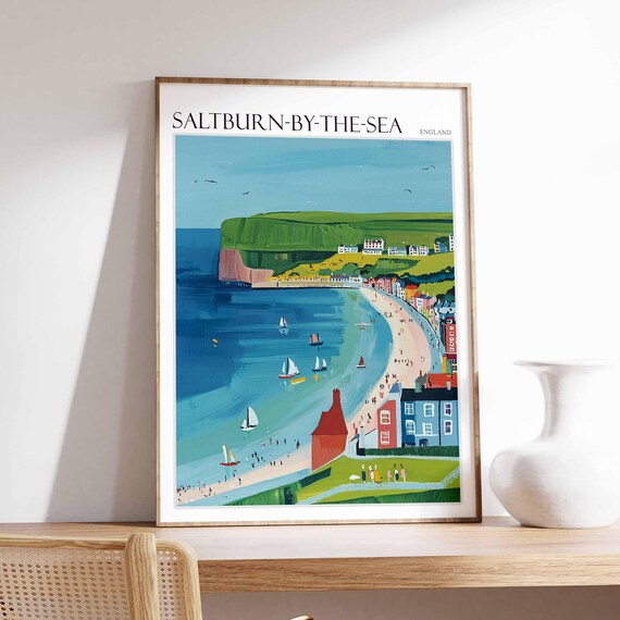 Saltburn by the Sea England Curved Bay Sailboats Red Cliffs Poster