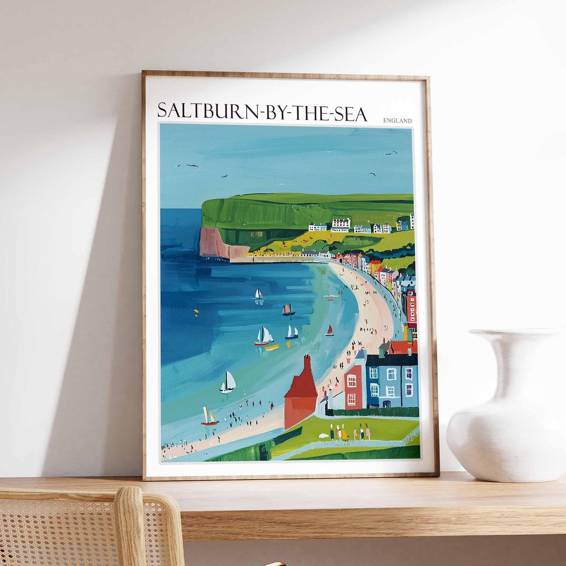 Saltburn by the Sea England Curved Bay Sailboats Red Cliffs Poster