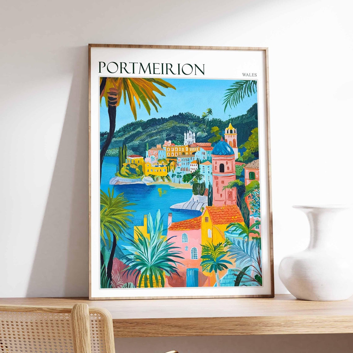 Portmeirion Wales Bay View Pink Tower Blue Dome Palms Art Poster