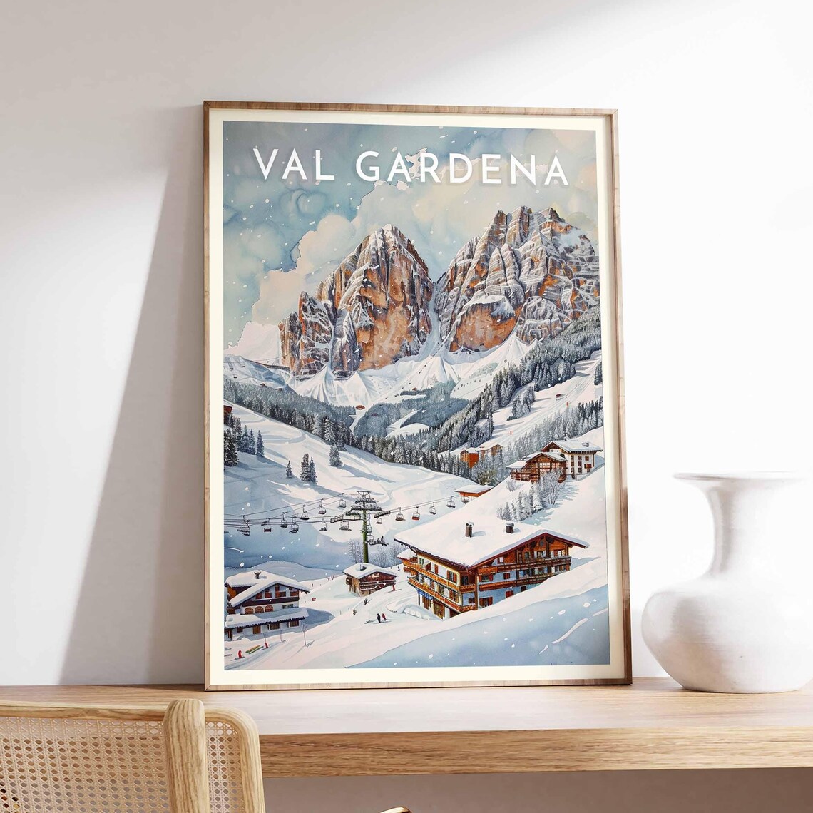 Val Gardena Italy Watercolor Ski Lifts Snowfall Village Scene Poster