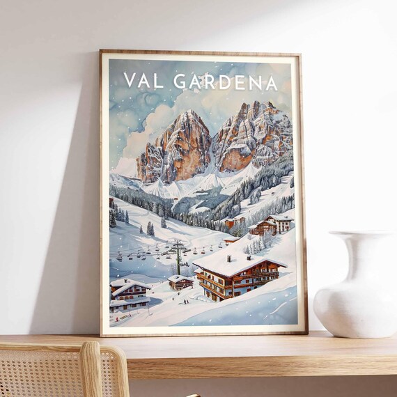 Val Gardena Italy Watercolor Ski Lifts Snowfall Village Scene Poster