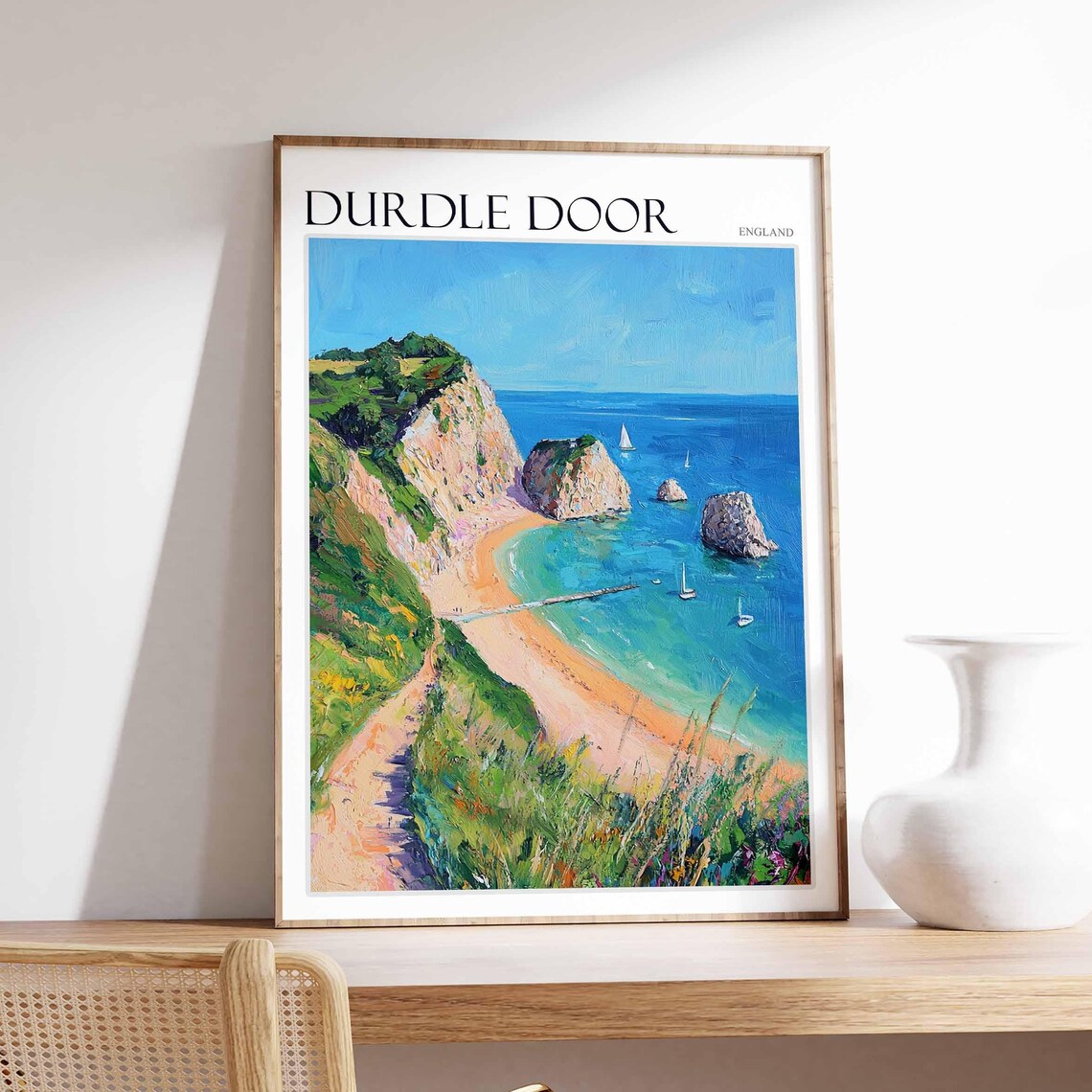 Durdle Door England Sea Stacks Sailboats Beach Path Painting Poster