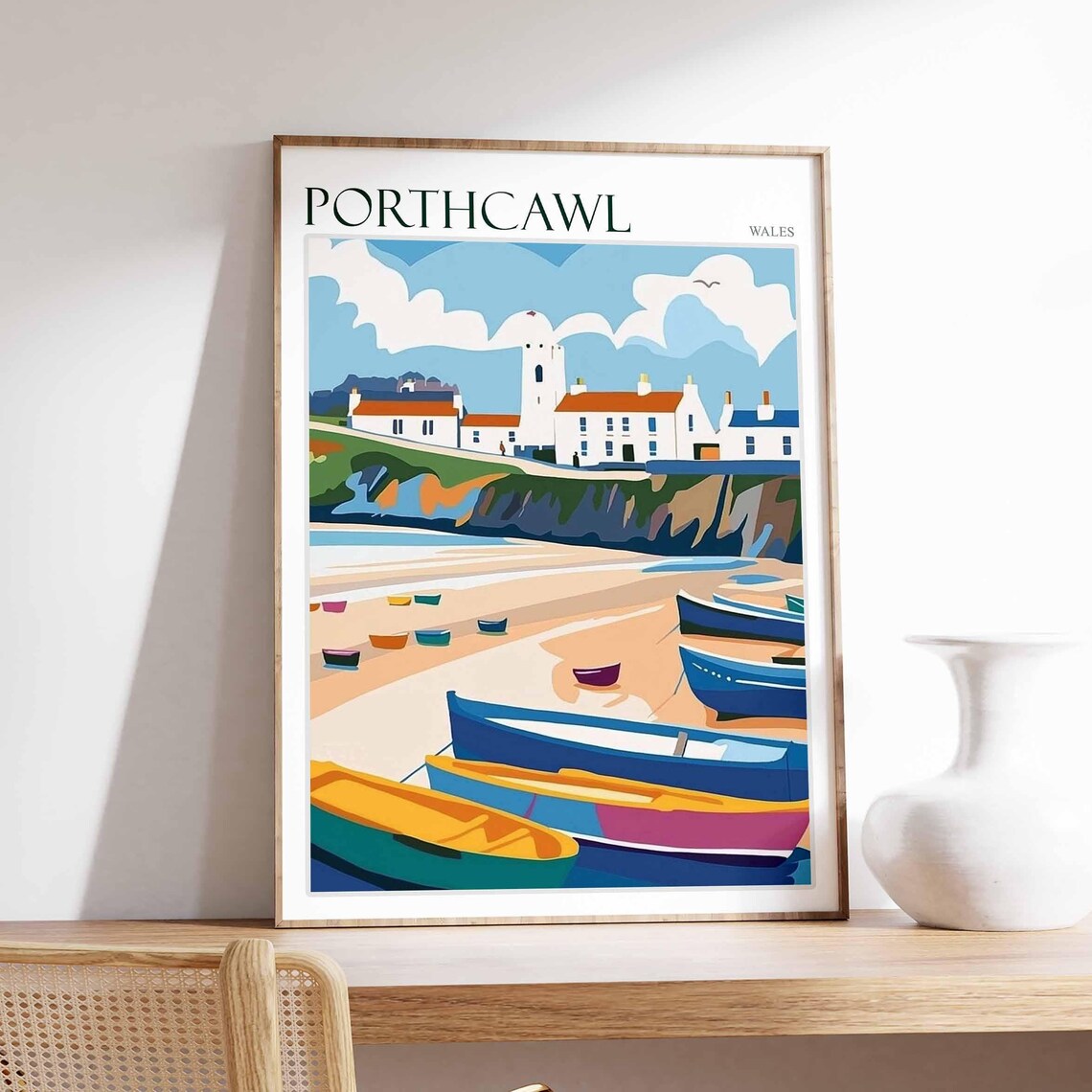 Porthcawl Wales Beach Boats Lighthouse Scene Vintage Travel Poster