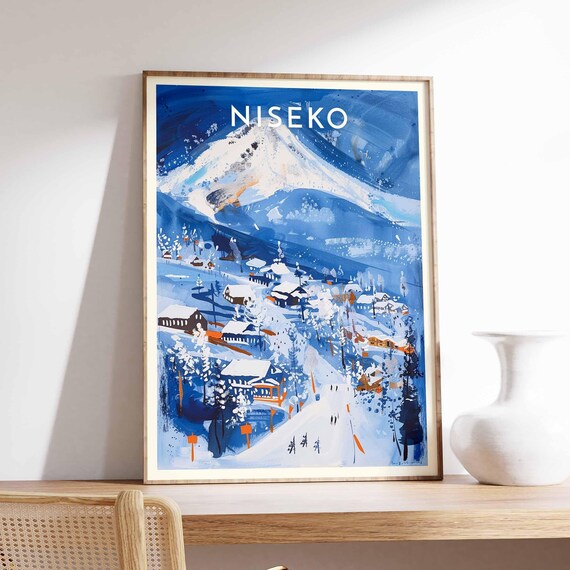Niseko Japan Blue Night Village Lights Snow Peak Watercolor Ski Poster