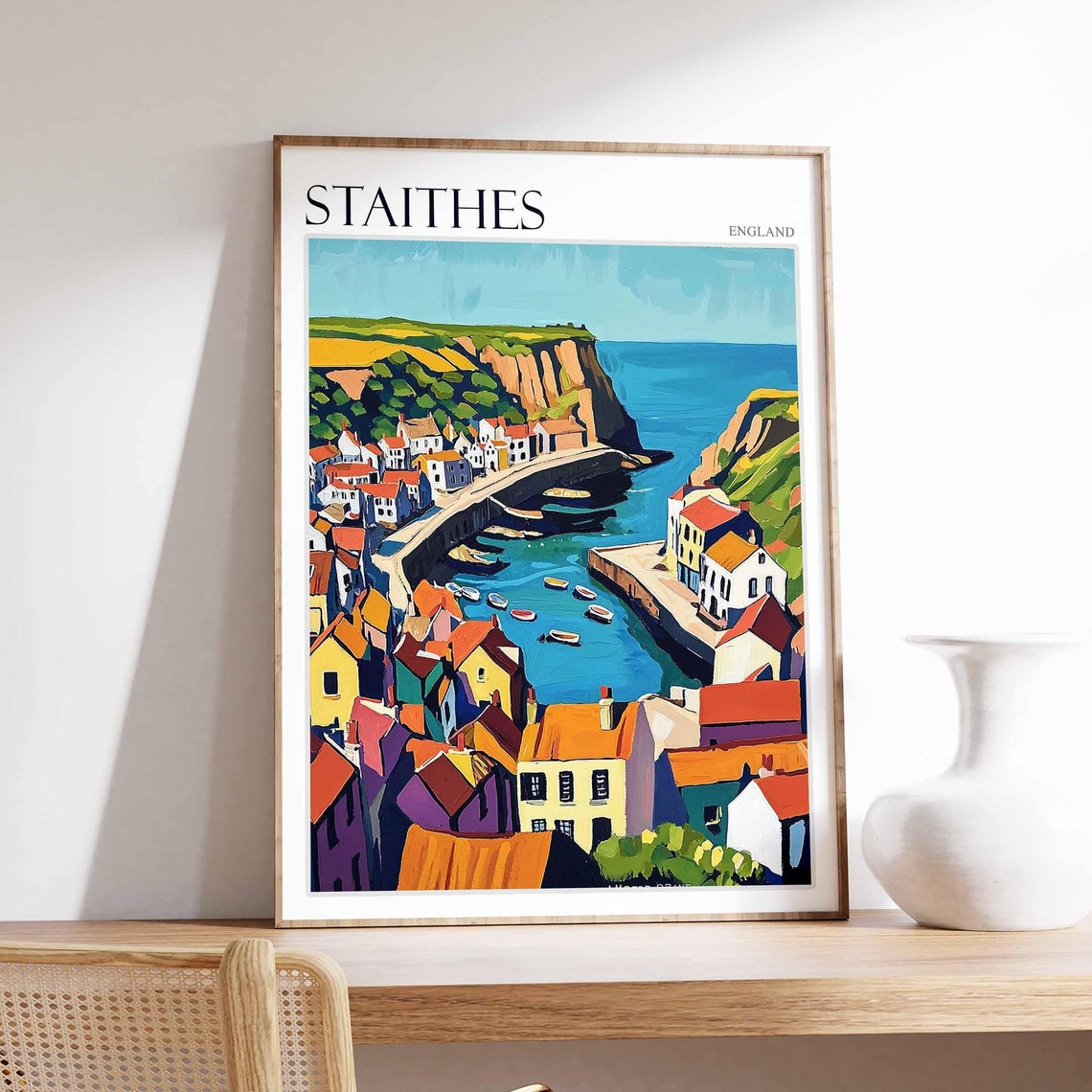 Staithes England Harbor Village Fishing Boats Cliffs Art Poster