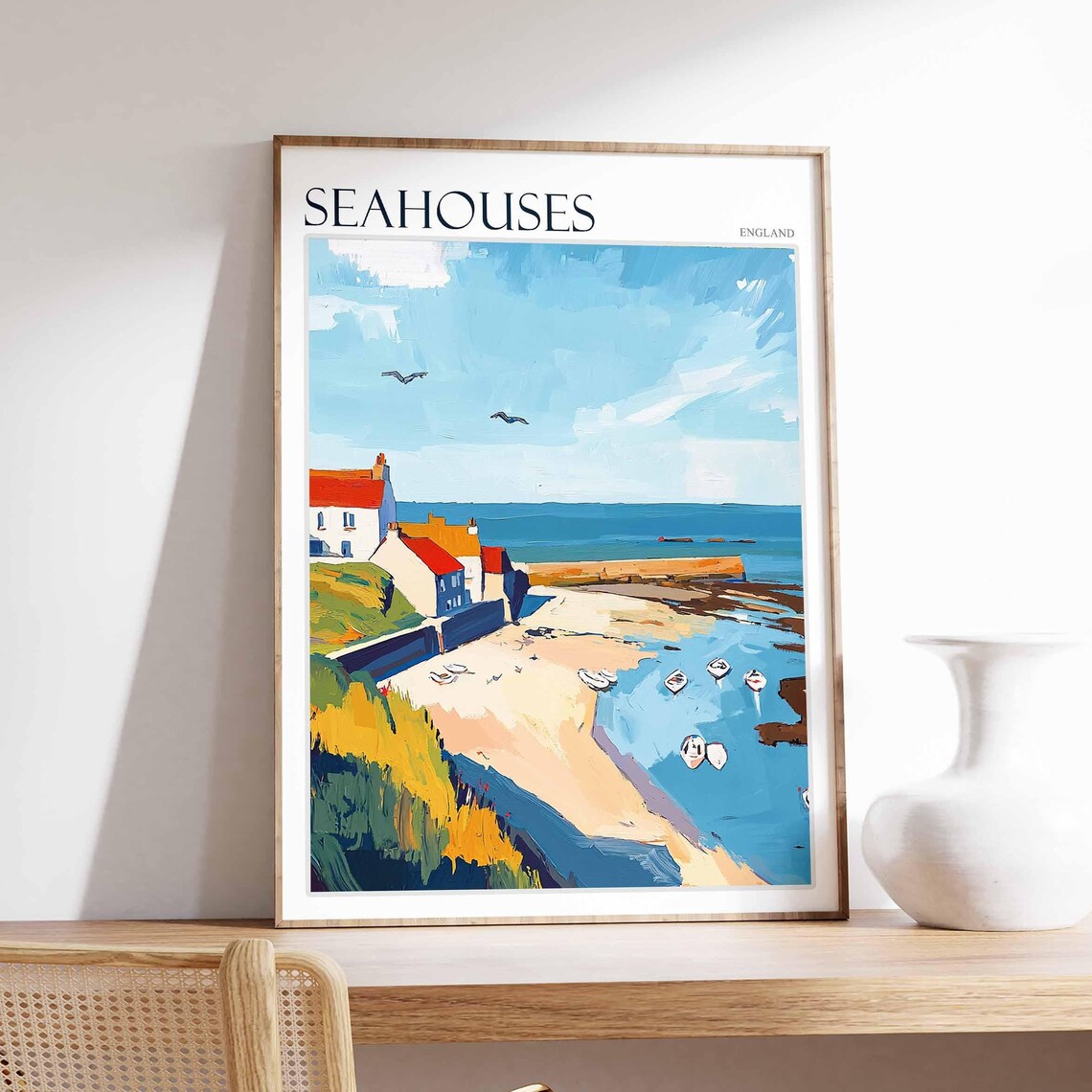 Seahouses Sandy Cove Beach Cottages Boats Poster England Seagulls