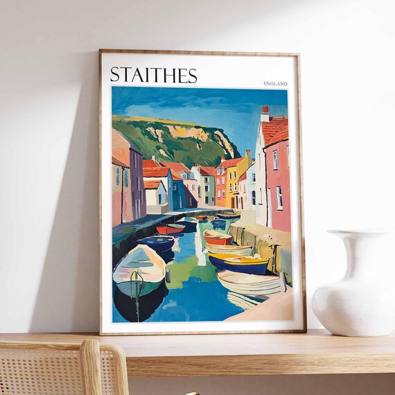 Staithes England Colorful Harbor Boats and Cottages Travel Poster