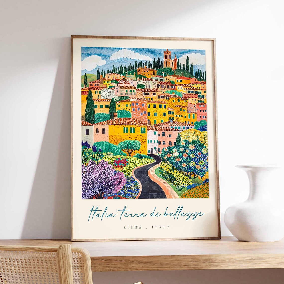Siena Italy Pointillist Hill Town Winding Road Gardens Travel Poster