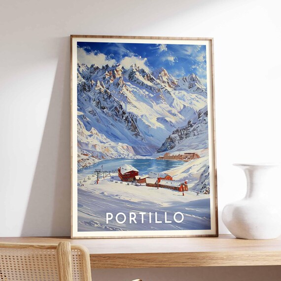 Portillo Chile Watercolor Lake and Hotel Under Peak Andes Poster
