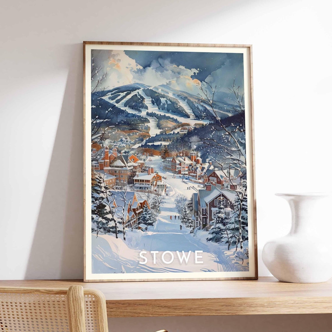 Stowe Moody Watercolor Village Under a Brooding Winter Sky Poster