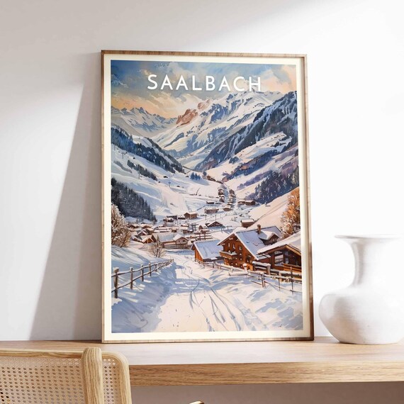 Saalbach Austria Sunset Watercolor Alpine Chalet Slopes Poster