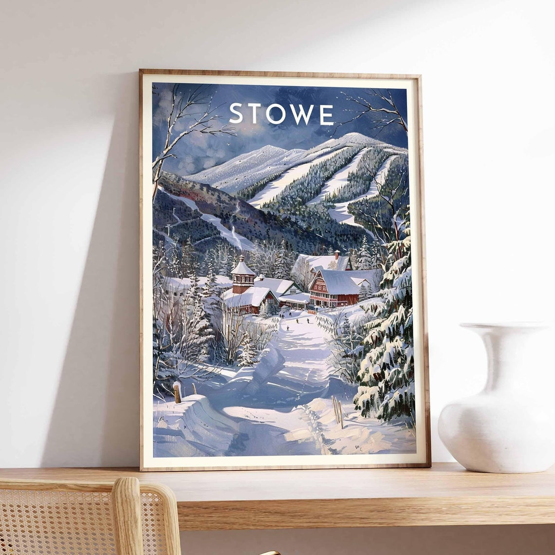Stowe Vermont Ski Village Moonlit Mountain Winter Night Poster