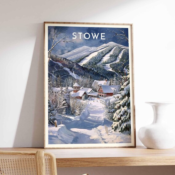 Stowe Vermont Ski Village Moonlit Mountain Winter Night Poster