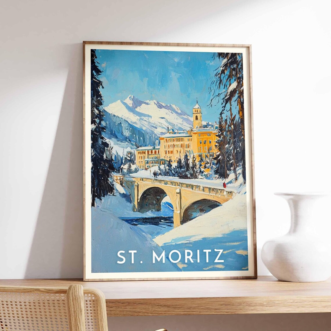 St. Moritz Switzerland Watercolor Bridge and Grand Hotel Poster