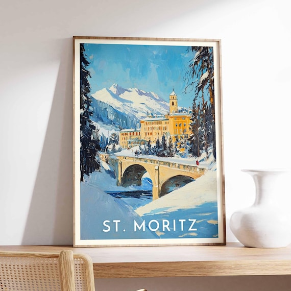 St. Moritz Switzerland Watercolor Bridge and Grand Hotel Poster