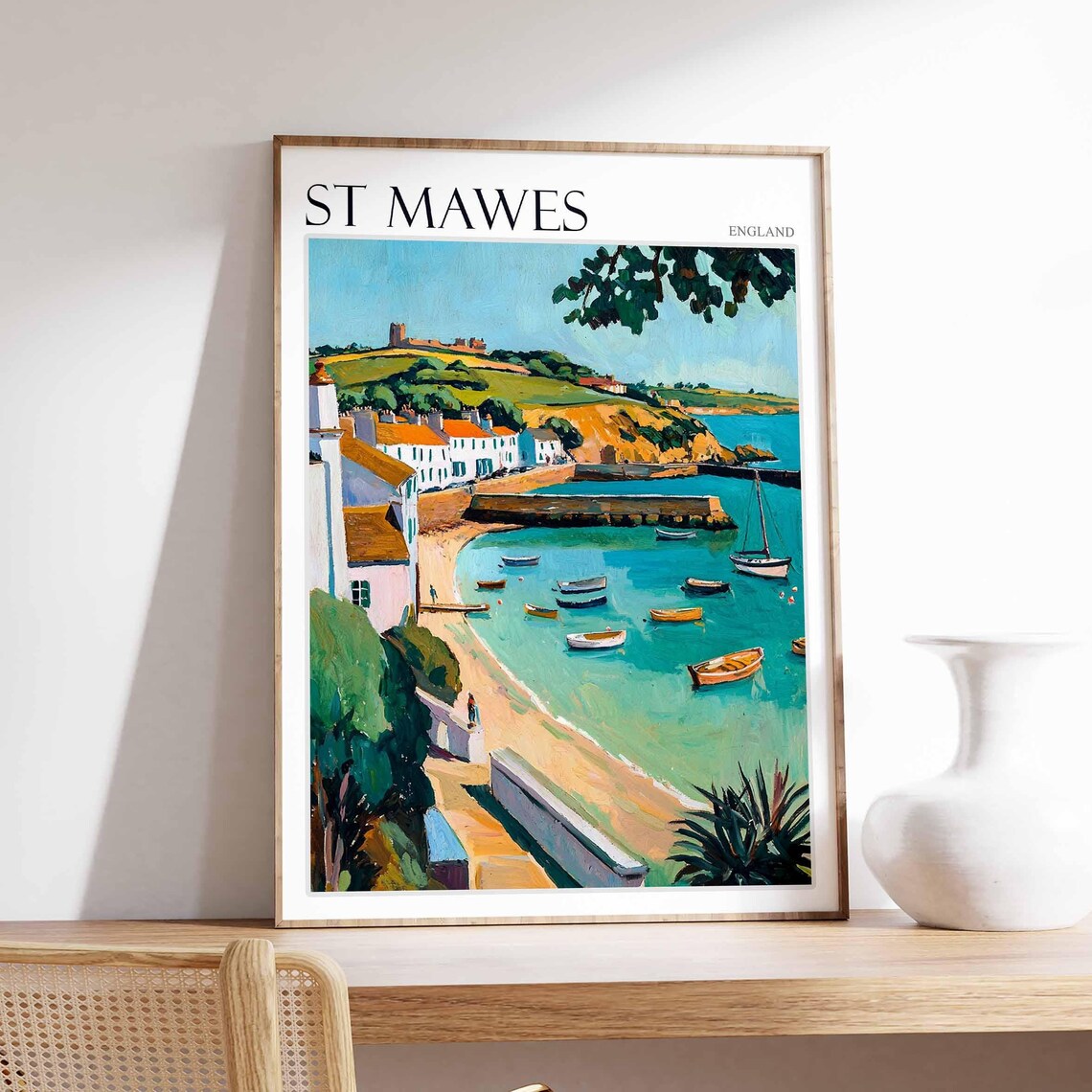 St Mawes England Turquoise Cove Boats and Cliffside Village Scene Poster