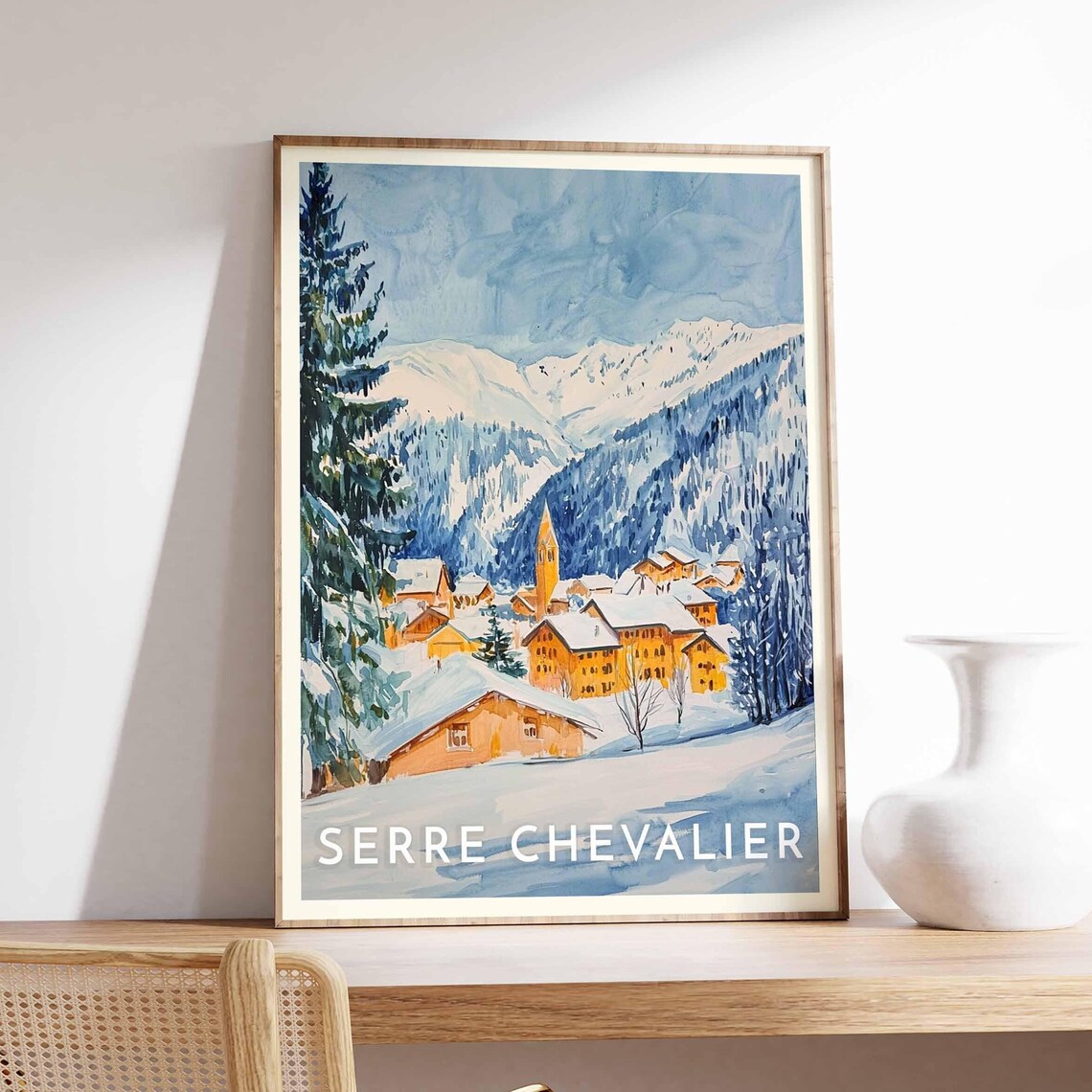 Serre Chevalier France Watercolor Village Church Spire Snowy Ridges Poster