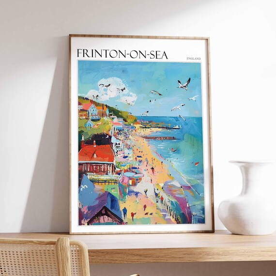 Frinton On Sea Busy Beach Umbrellas Seagulls Sunbathers Summer Travel Poster