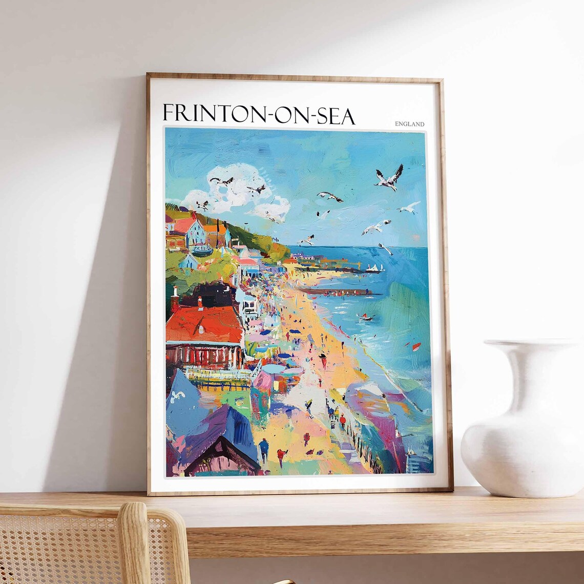 Frinton On Sea Busy Beach Umbrellas Seagulls Sunbathers Summer Travel Poster