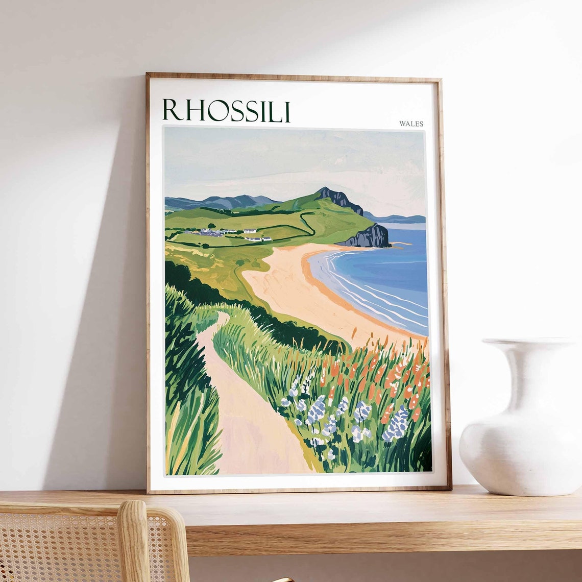 Rhossili Wales Dune Path Wildflowers Beach Hills Travel Poster