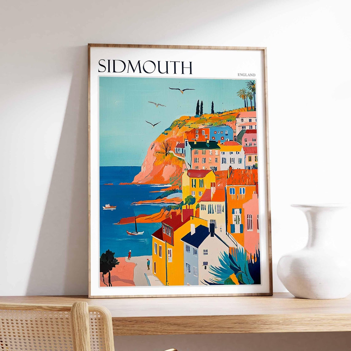 Sidmouth England Colorful Cliffside Houses Red Cliffs Seaside Poster