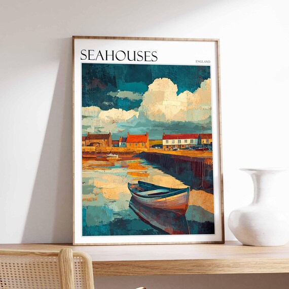 Seahouses Dusk Harbour Lone Rowboat Moody Travel Poster England