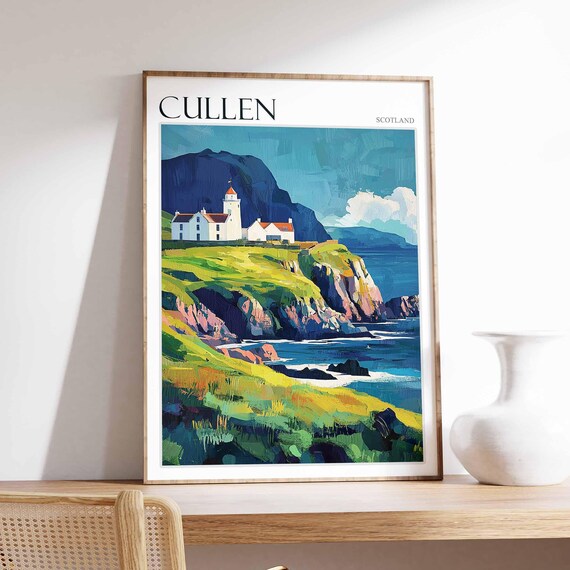 Cullen Scotland Lighthouse on a Green Headland Cliff Art Poster