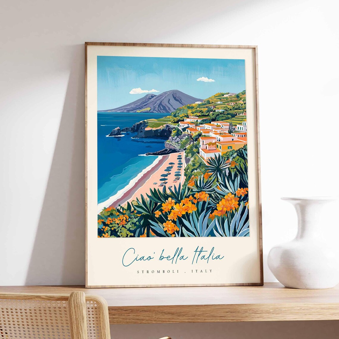 Stromboli Italy Beach Poster Volcano Behind Sandy Shore And Village