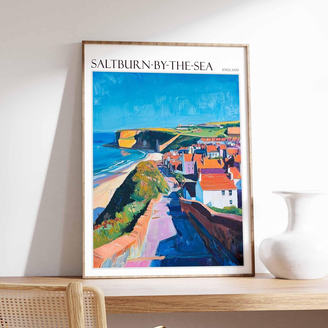Saltburn-by-the-Sea England Painted Street Beach Cliffs Artwork Poster