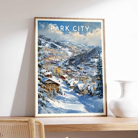 Park City Skiers Heading Down to Town Snowy Slope Scene Poster