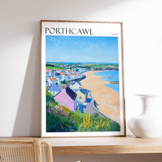 Porthcawl Wales Panoramic Beach Town Scene Vintage Travel Poster