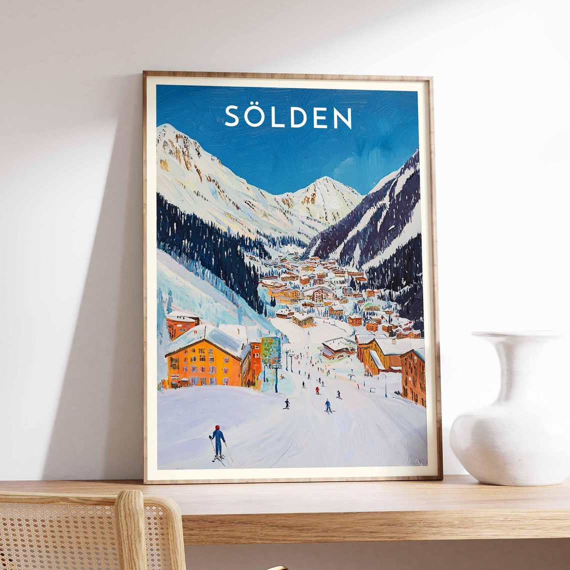 Sölden Austrian Ski Resort Village with Lone Skier Alpine Poster