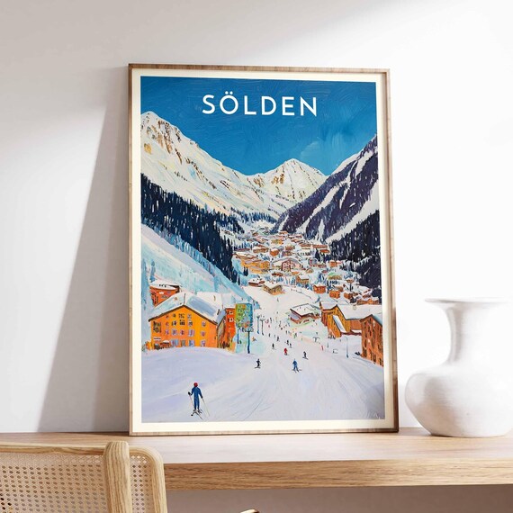 Sölden Austrian Ski Resort Village with Lone Skier Alpine Poster