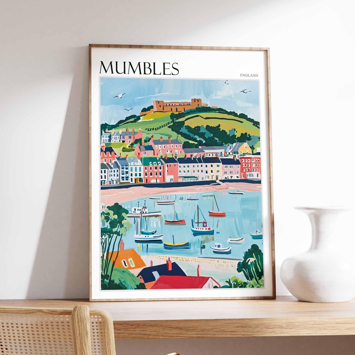 Mumbles England Colorful Seaside Harbor Town With Castle Poster