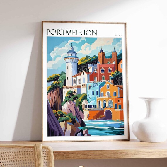 Portmeirion Wales White Lighthouse Tower Castle Rocks Sea Art Poster