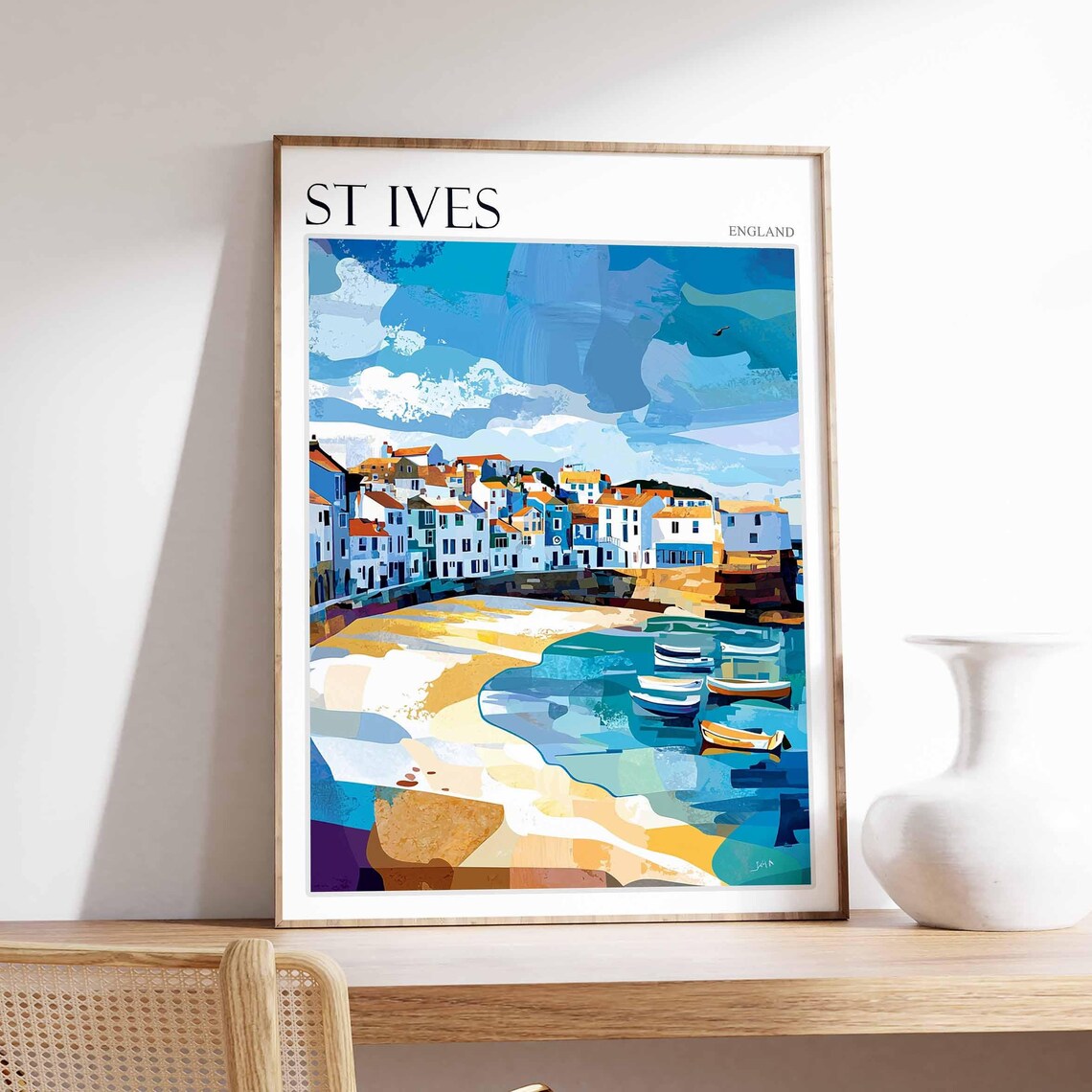 St Ives England Colorful Geometric Harbor Coastal Scene Art Poster