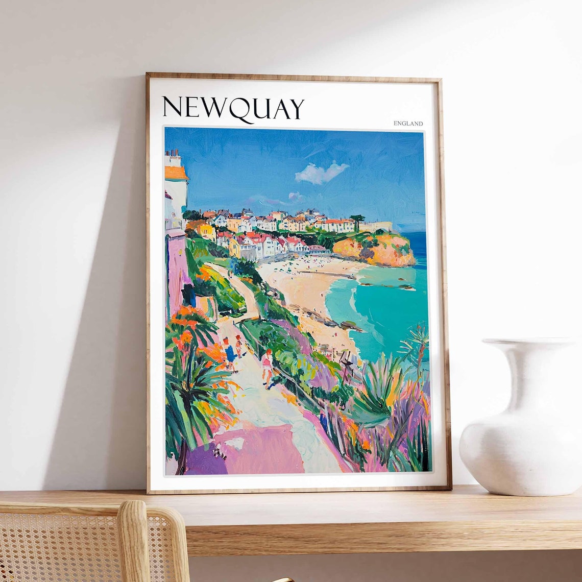 Newquay England Beach Path Palm Plants Town Headland View Poster