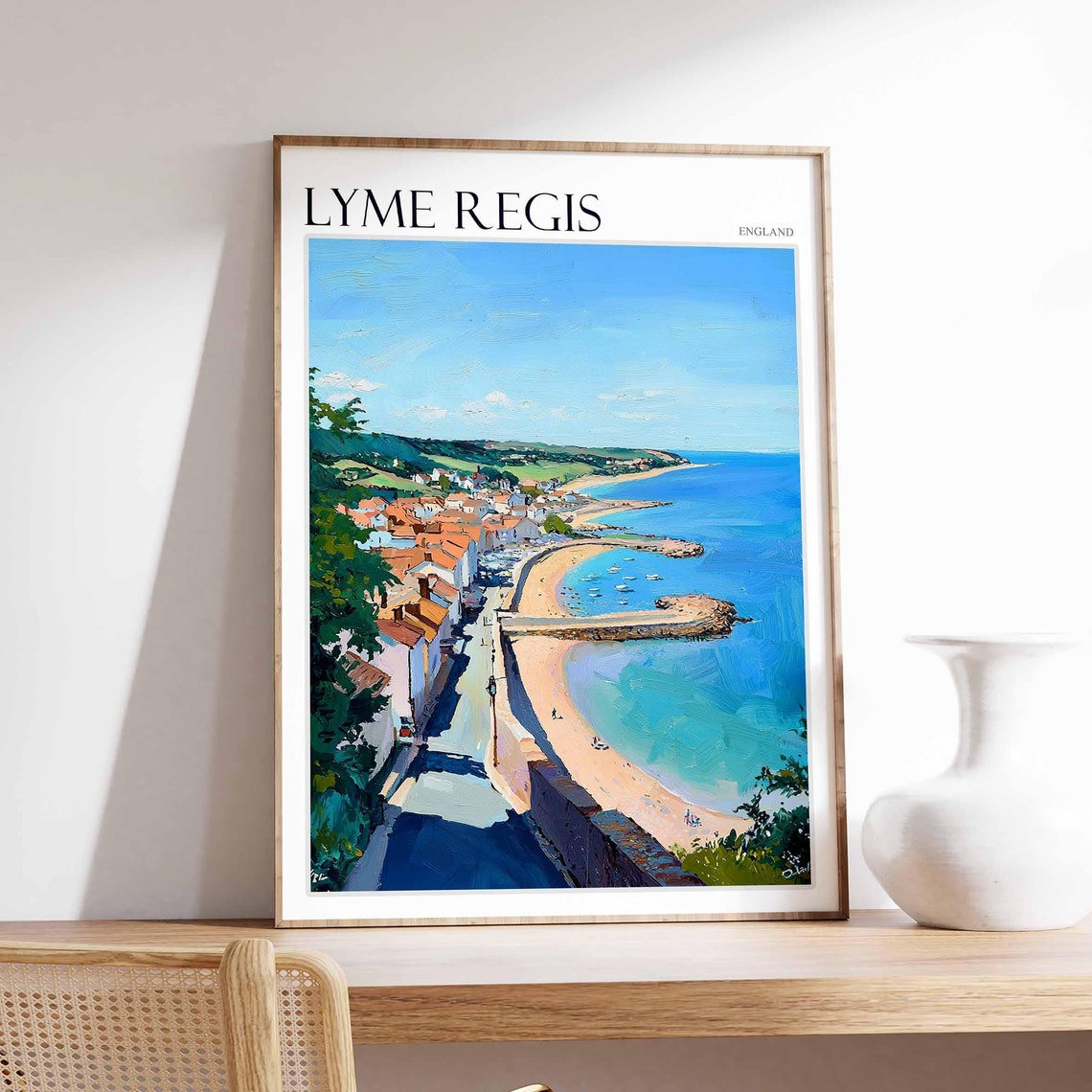 Lyme Regis England Aerial View Cobb Harbor Beach Painting Poster