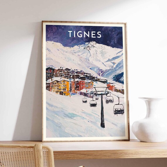 Tignes France Colorful Resort Village Chairlift Night Art Poster