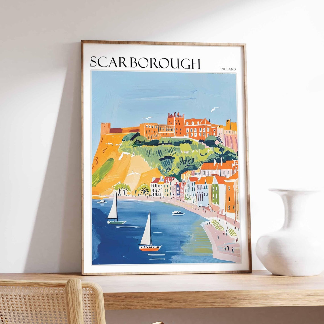 Scarborough Castle Above Harbour Sailing Boats Poster England
