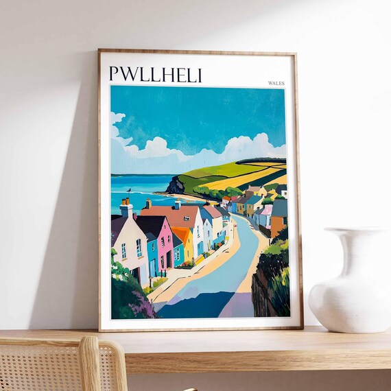 Pwllheli Wales Curved Street Pastel Cottages Golden Fields Sea Poster