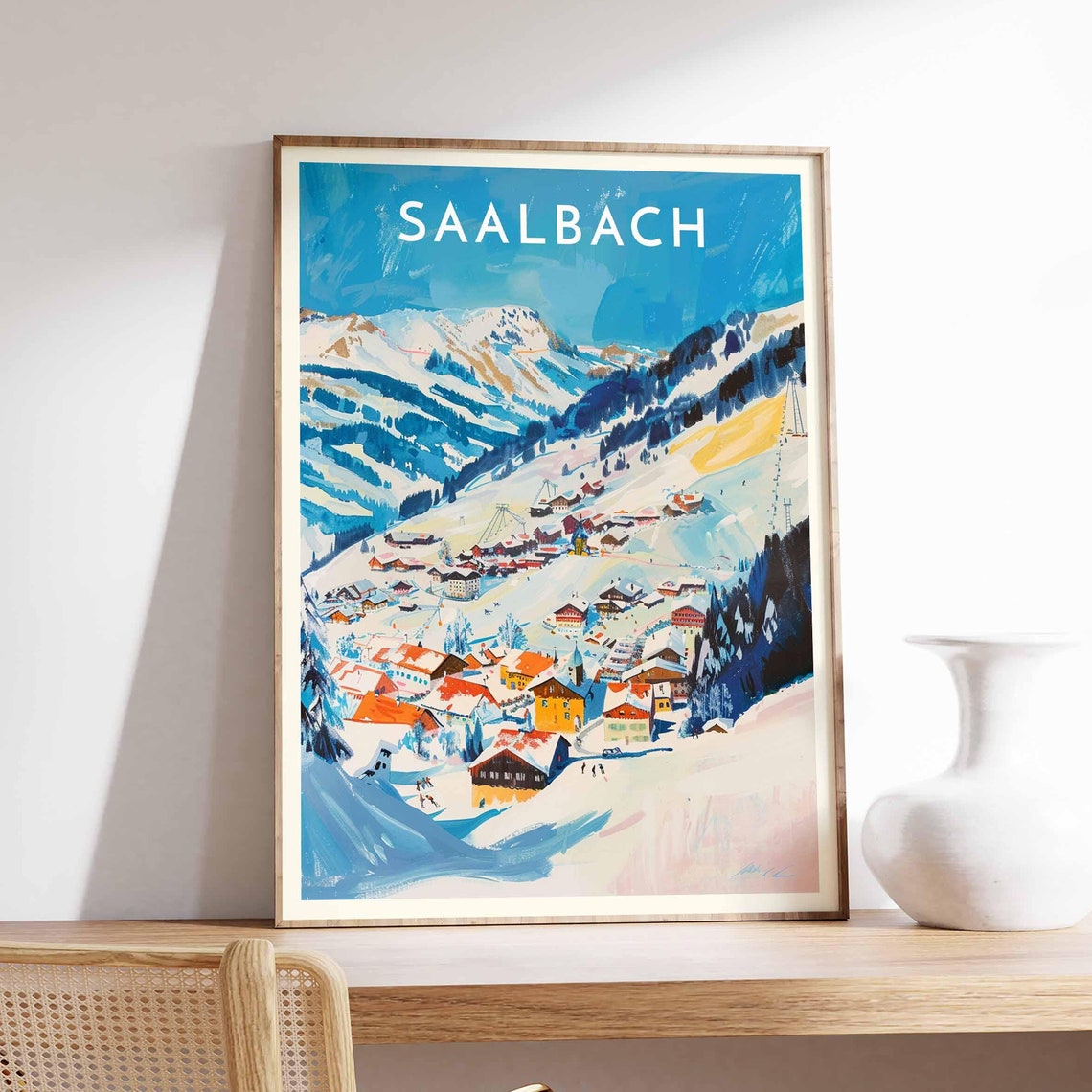 Saalbach Austria Vibrant Graphic Ski Village Panorama Poster