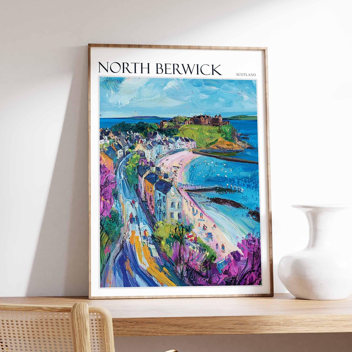 North Berwick Scotland Street To Beach Scene Vintage Travel Poster