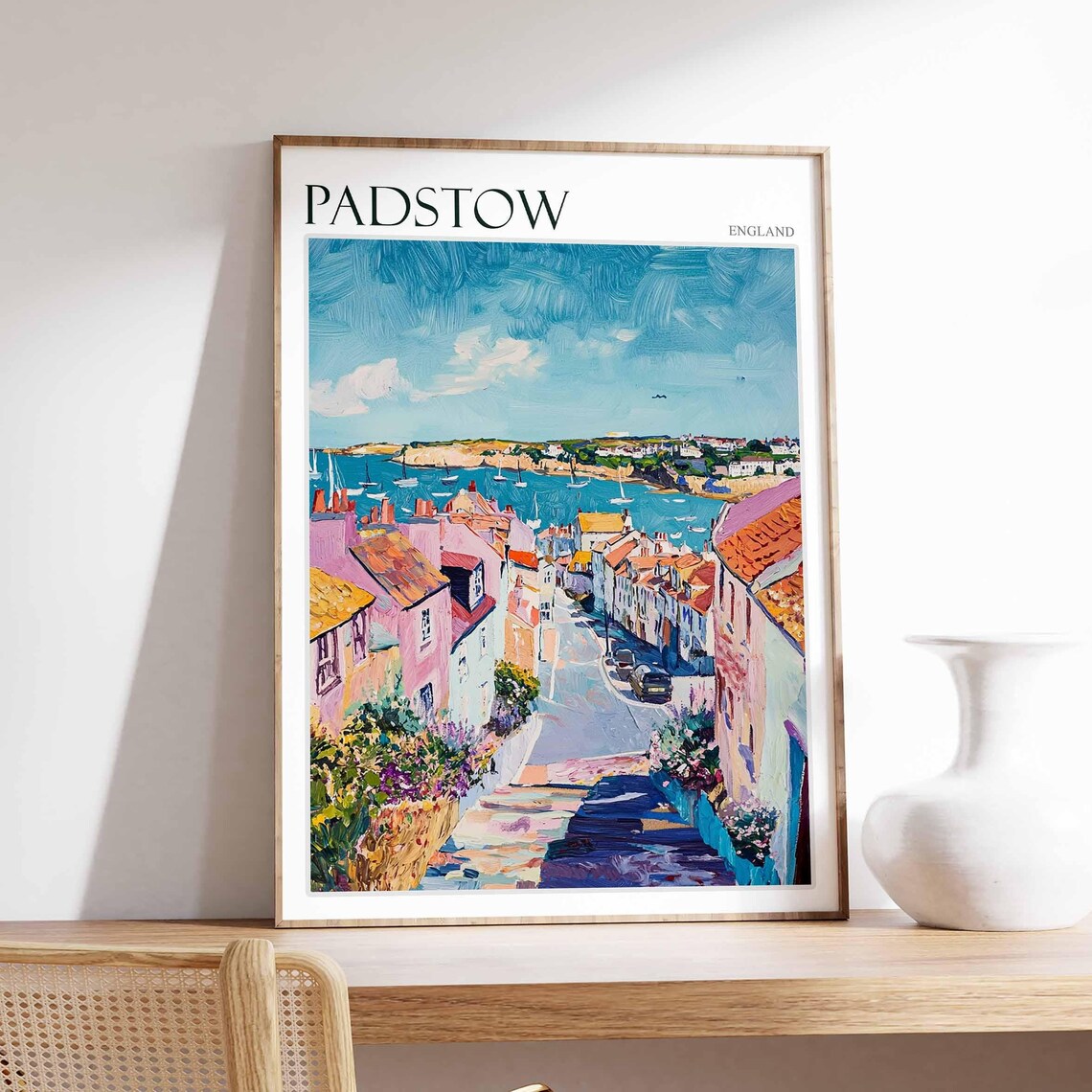 Padstow England Pink Street Harbor View Vintage Travel Poster