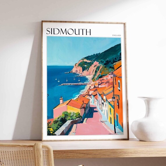 Sidmouth England Street to Harbor Sailboats Red Cliffs Bright Poster